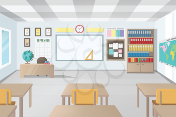 Empty School Class Room with Board Desk, Shelf, Books, Clock. Modern Vector Illustration of School Interior.