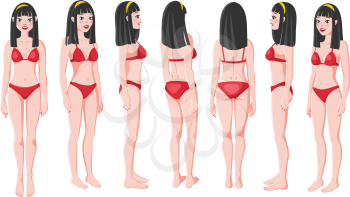 Vector Illustration of Smiling Asian Women in Bikini on a White Background. Cartoon Realistic Girls Set. Flat Young Lady. Front View Woman. Side View Woman. Back Side View Woman. Seven Positions