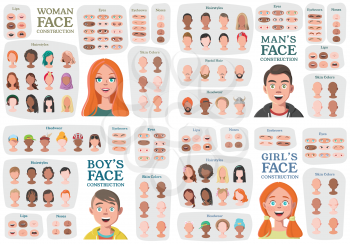 Woman, Man, Girl, Boy Character Constructors. From Housewife to Hipster. Cartoon Woman Face Parts Creation Spare Parts. Cartoon Style Faces. Body Part. Vector Illustration