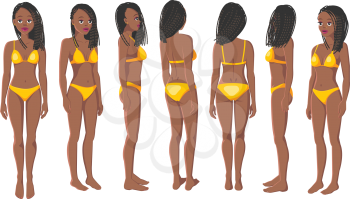 Vector Illustration of Smiling Black Women in Yellow Bikini on a White Background. Cartoon Realistic Girls Set. Flat Young Lady. Front View Woman. Side View Woman. Back Side View Woman. Seven Positions
