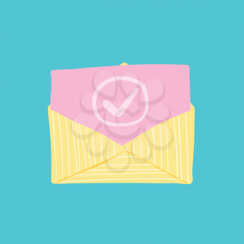 Opened Envelope and Pink Document with Check Mark Icon. Official Confirmation Message, Mail Sent successfully, Email Delivery, Verification or Registration Email. Hand Drawn Childish Design