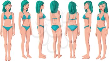Vector Illustration of Smiling Women in Green Bikini on a White Background. Cartoon Realistic Girls Set. Flat Young Lady. Front View Woman. Side View Woman. Back Side View Woman. Seven Positions