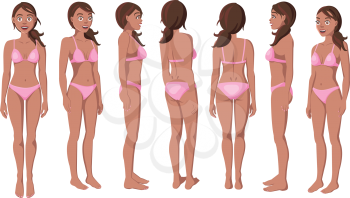 Vector Illustration of Smiling Women in Pink Bikini on a White Background. Cartoon Realistic Girls Set. Flat Young Lady. Front View Woman. Side View Woman. Back Side View Woman. Seven Positions