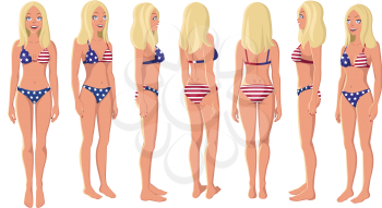 Vector Illustration of Blonde Girl in American Flag Swimming Suit on a White Background. Cartoon Girls Set. Flat Young Lady. Front View Woman. Side View Woman. Back Side View Woman. Seven Positions