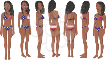 Vector Illustration of a Black Girl in American Flag Swimming Suit on a White Background. Cartoon Girls Set. Flat Young Lady. Front View Woman. Side View Woman. Back Side View Woman. Seven Positions