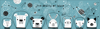 Hand Drawn Portraits of Cute Funny Animals in Space with Typography in Childish Style. Isolated objects on white background. Line drawing. Vector illustration. Design concept for children print.