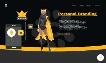 Web Page Template for Personal Branding, Business Communication, Consulting, Planning. Landing Page Layout. Superhero Character Standing with Social Media Signs. Web Banner, Mobile App Illustration