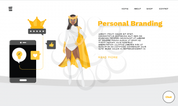 Web Page Template for Personal Branding, Business Communication, Consulting, Planning. Landing Page Layout. Superhero Character Standing with Social Media Signs. Web Banner, Mobile App Illustration