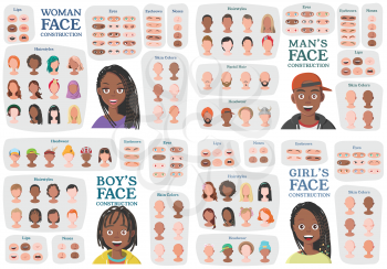 Black Woman, Man, Girl, Boy Character Constructors. From Housewife to Hipster. Cartoon Woman Face Parts Creation Spare Parts. Cartoon Style Faces. Body Part. Vector Illustration