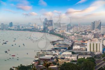 Panoramic aerial view of Pattaya Gulf, Thailand in a summer evening
