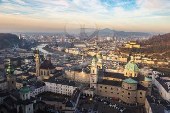 Panoramic aerial view of Salzburg Cathedral, Austria in a beautiful day