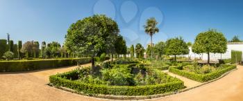 Gardens at the Alcazar de los Reyes Cristianos in Cordoba in a beautiful summer day, Spain
