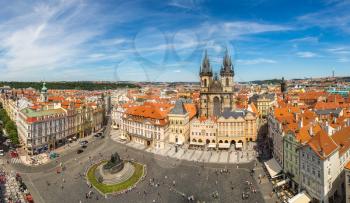 Panoramic aerial view of Old Town square in Prague in a beautiful summer day, Czech Republic