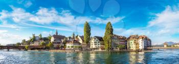Panorama of Historical city center of Lucerne and Jesuit church in a beautiful summer day, Switzerland
