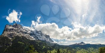 Panorama of Mountain near Gimmelwald & Murren villages near Lauterbrunnen valley in a beautiful summer day, Switzerland