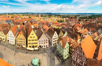 Panoramic aerial view of Rothenburg in a beautiful summer day, Germany
