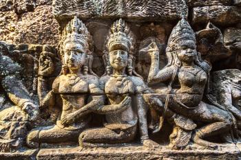 Sculpture on the wall Terrace of Elephants temple is Khmer ancient temple in complex Angkor Wat in Siem Reap, Cambodia
