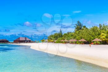 MALDIVES - JUNE 24, 2018: Tropical beach in the Maldives at summer day