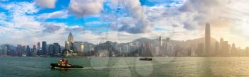 Panorama of Victoria Harbour in Hong Kong at summer evening