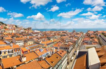 Panoramic aerial view of Lisbon and Sao Jorge Castle in a beautiful summer day, Portugal