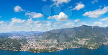 Panoramic aerial view of lake Como in Italy in a beautiful summer day