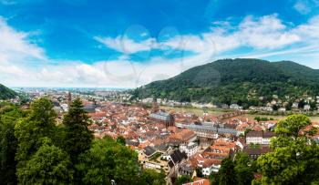 Panoramic aerial view of Heidelberg and ruins of Heidelberg Castle (Heidelberger Schloss) in a beautiful summer day, Germany