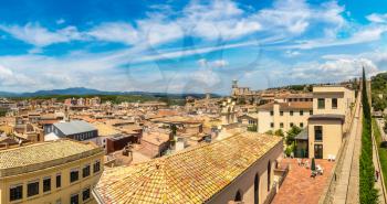 Panoramic aerial view of Girona and cathedral in a beautiful summer day, 

Catalonia, Spain