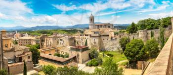 Panoramic aerial view of Girona and cathedral in a beautiful summer day, 

Catalonia, Spain
