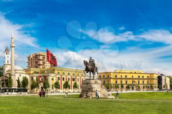 Panorama of Skanderbeg square and Skanderbeg monument in Tirana in a beautiful summer day, Albania