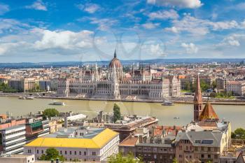 Panoramic view of  Budapest and Parliament Building in Hungary in a beautiful summer day