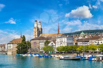 Famous Grossmunster church in Zurich in a beautiful summer day, Switzerland