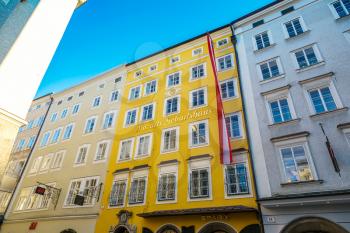 SALZBURG, AUSTRIA - JULY 25, 2017: The birthplace of Wolfgang Amadeus Mozart in Salzburg in a beautiful summer day, Austria
