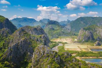 Panoramic aerial view of Khao Sam Roi Yot National Park, Thailand in a summer day