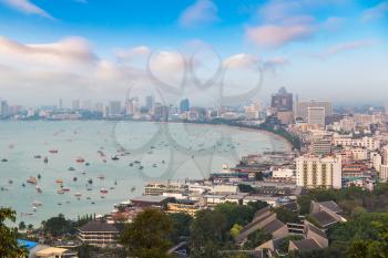 Panoramic aerial view of Pattaya Gulf, Thailand in a summer evening