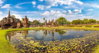 Panorama of Wat Mahathat Temple in Sukhothai historical park, Thailand in a summer day