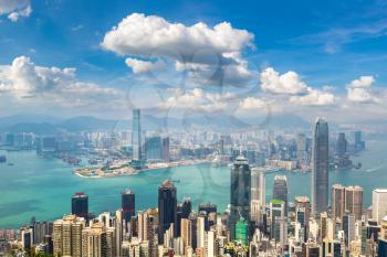 Panoramic view of Hong Kong business district in a summer day