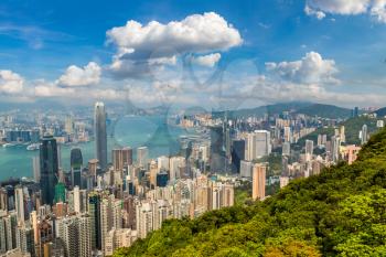 Panoramic view of Hong Kong business district in a summer day