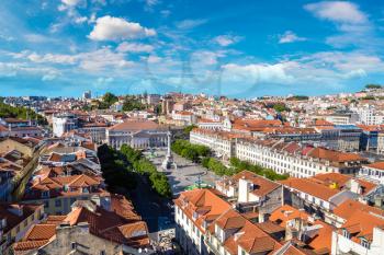 Panoramic aerial view of Rossio Square in Lisbon in a beautiful summer day, Portugal
