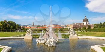 Fountain and Belvedere garden in Vienna, Austria in a beautiful summer day