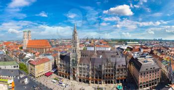 Aerial view on Marienplatz town hall and Frauenkirche in Munich, Germany in a beautiful summer day