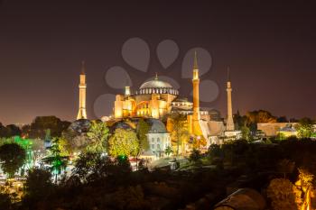 Ayasofya Museum (Hagia Sophia) in Sultan Ahmet park in Istanbul, Turkey in a beautiful summer night