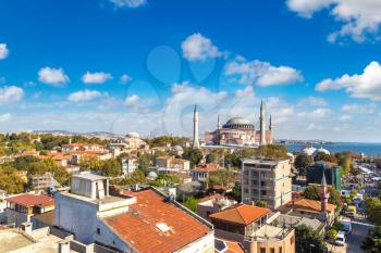 Panoramic aerial view of Hagia Sophia in Istanbul, Turkey in a beautiful summer day