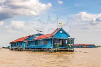 Floating Church in Chong Khneas floating village near Siem Reap, Cambodia in a summer day
