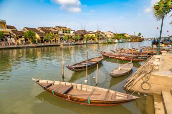 Traditional boats in Hoi An, Vietnam in a summer day