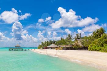 MALDIVES - JUNE 24, 2018: Tropical beach in the Maldives at summer day