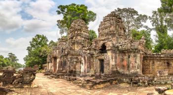 Panorama of Preah Khan temple in complex Angkor Wat in Siem Reap, Cambodia in a summer day