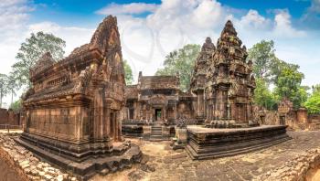 Panorama of Banteay Srei temple in complex Angkor Wat in Siem Reap, Cambodia in a summer day