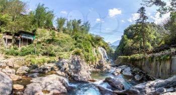 Panorama of Waterfall in Cat Cat village near Sapa, Lao Cai, Vietnam in a summer day