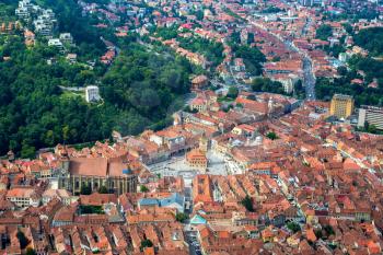 Panoramic aerial view of Brasov city in a summer day in Transylvania, Romania