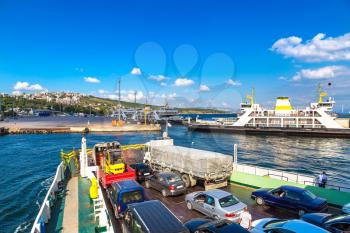 Ferry in Dardanelles strait, Turkey in a beautiful summer day